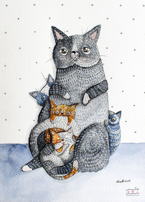 نقاشی گربه های ملوس با آبرنگ و جوهر/بانک عکس