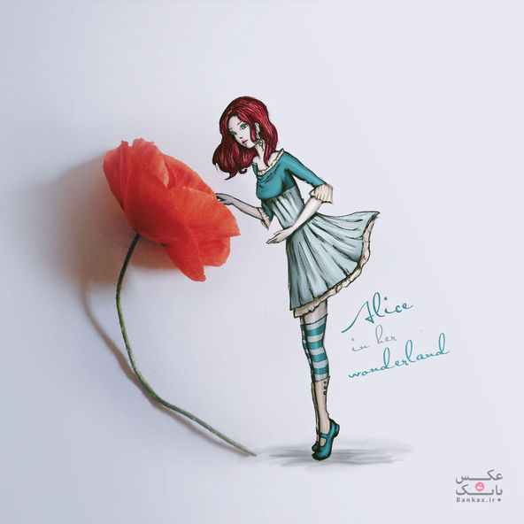 آلیس در سرزمین عجایب با گل poppy/بانک عکس